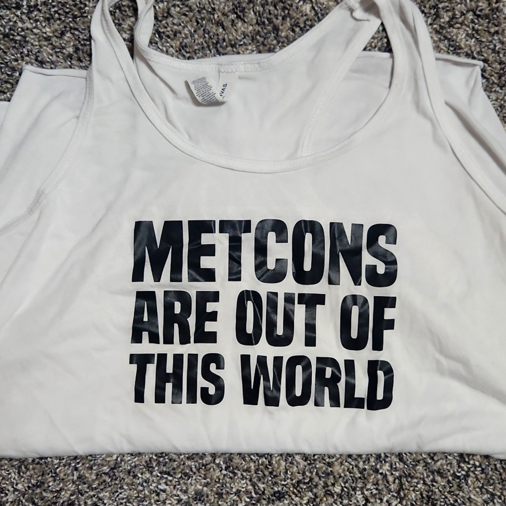 White Graphic Tank Top with Black 'METCONS ARE OUT OF THIS WORLD' Print